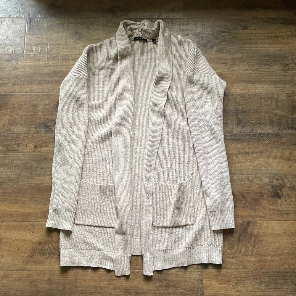 Cyrus Tan Ribbed Knit Longline Open Front Cardigan XL Pockets Soft Cozy Fall